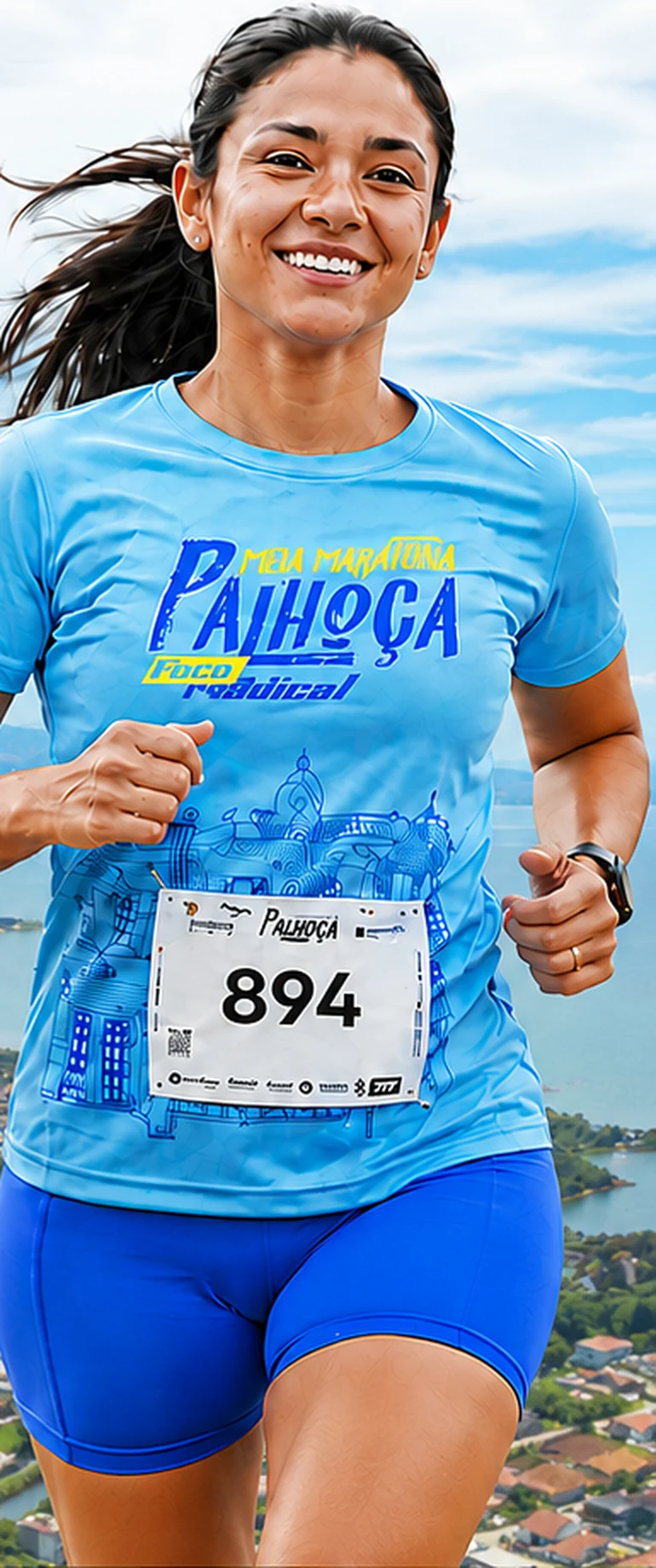 Corredora sorrindo, de camiseta azul-clara da prova, com a cidade de Palhoça ao fundo